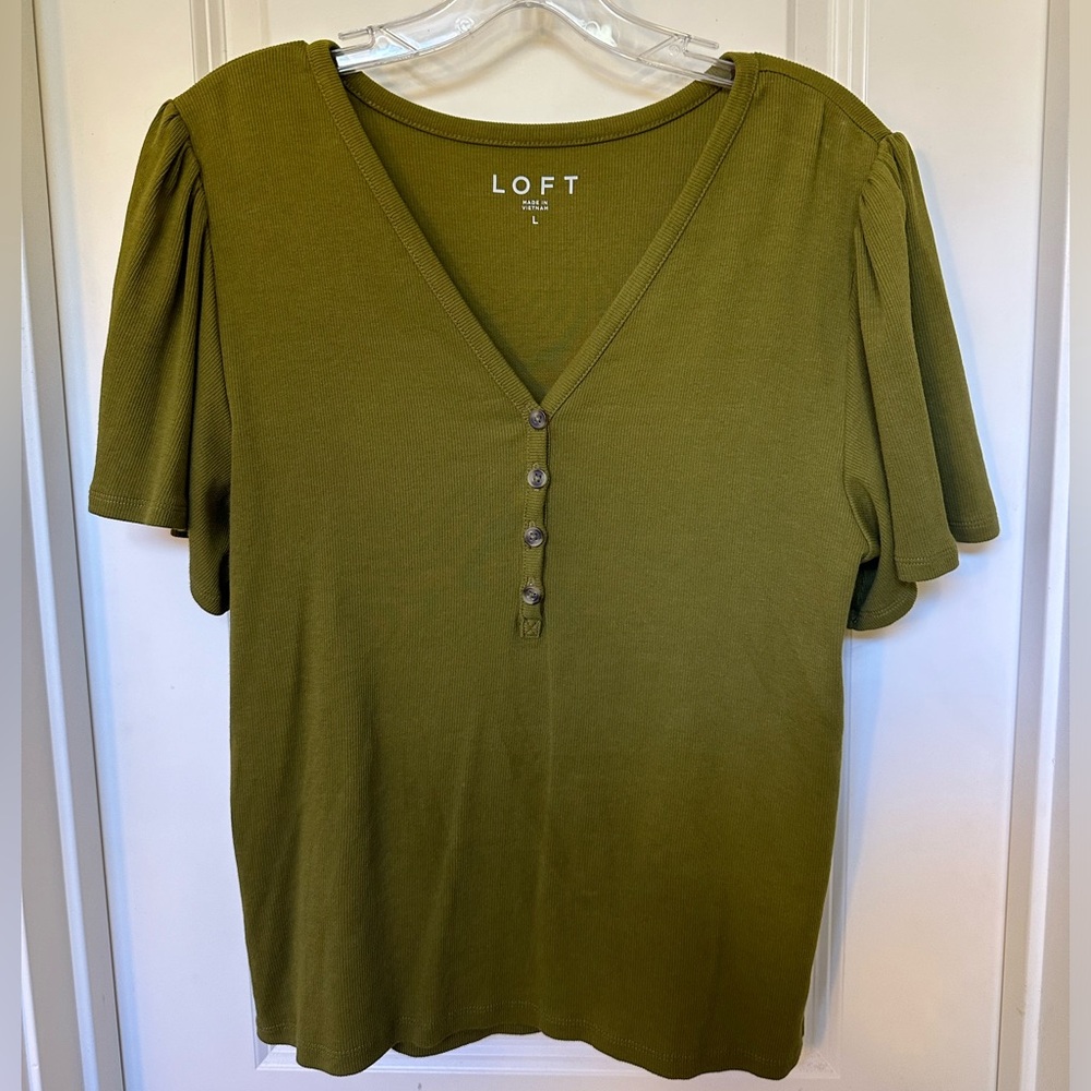 LOFT flutter sleeve olive green top